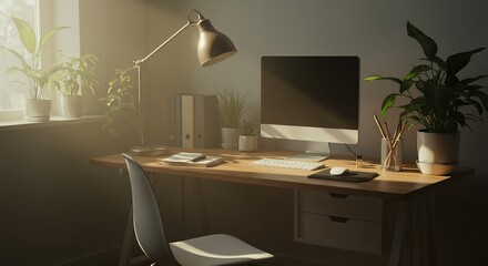 Cozy Home Office Desk with Computer and Natural Light Setting
