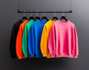 Obraz premium A vibrant display of colorful sweatshirts hanging on hangers against a minimalist gray background, showcasing style and comfort for casual wear.