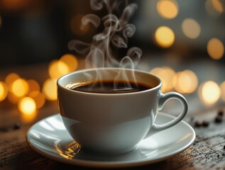 Obraz premium A steaming cup of coffee placed on a saucer atop a wooden surface, with a blurred background of warm, ambient lighting.