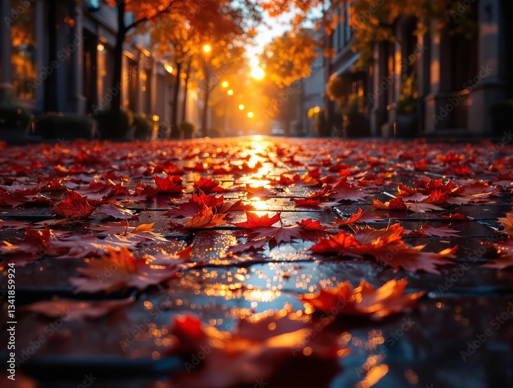 Poster a vivid, autumnal scene captured in a shallow depth of field, emphasizing the texture of the fallen 
