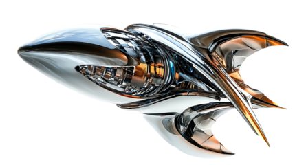 The image shows a highly detailed, stylized, and chrome-finished futuristic spacecraft design against a black background.
