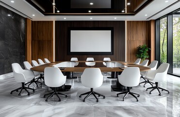 A sleek and modern conference room featuring a large oval table surrounded by white chairs