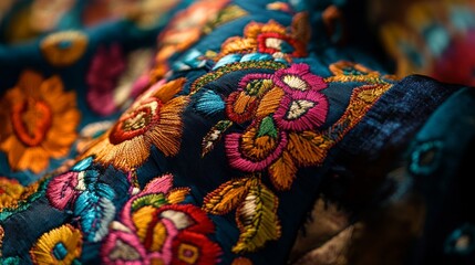Beautifully Intricate Floral Embroidery on Colorful Fabric with Rich Textures and Patterns