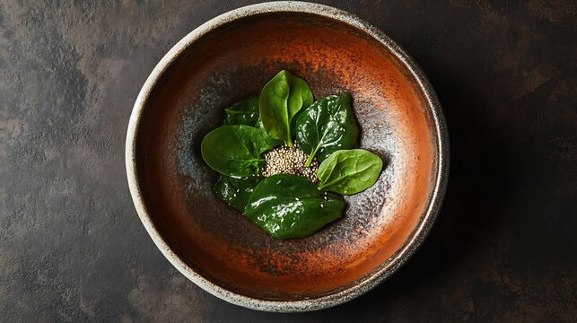 Top down view of Japanese horenso goma ae spinach dressed sesame paste served in a rustic ceramic dish