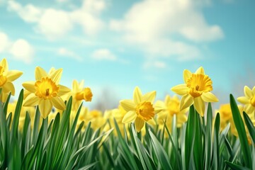 Obraz premium Vibrant Yellow Daffodils under a Sunny Spring Sky