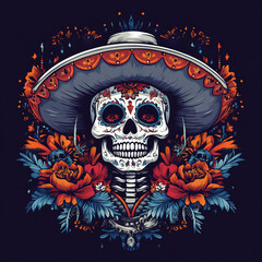 Intricate sugar skull with sombrero and floral elements, celebrating Cinco De Mayo, Mexican culture, traditions, and festive heritage