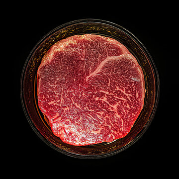 Wagyu cross section under ring light, with marbling enhanced by polarizing filter