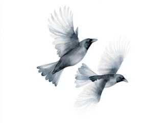 Obraz premium Flying birds in watercolor style, showcasing mysterious black raven with elegant wings. soft hues create serene atmosphere, perfect for nature lovers