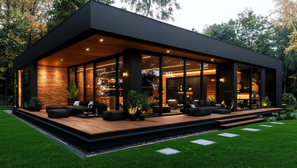 A modern, sleek house design featuring large glass windows and wooden accents that bring nature indoors, surrounded by a lush green lawn and well-structured landscaping.