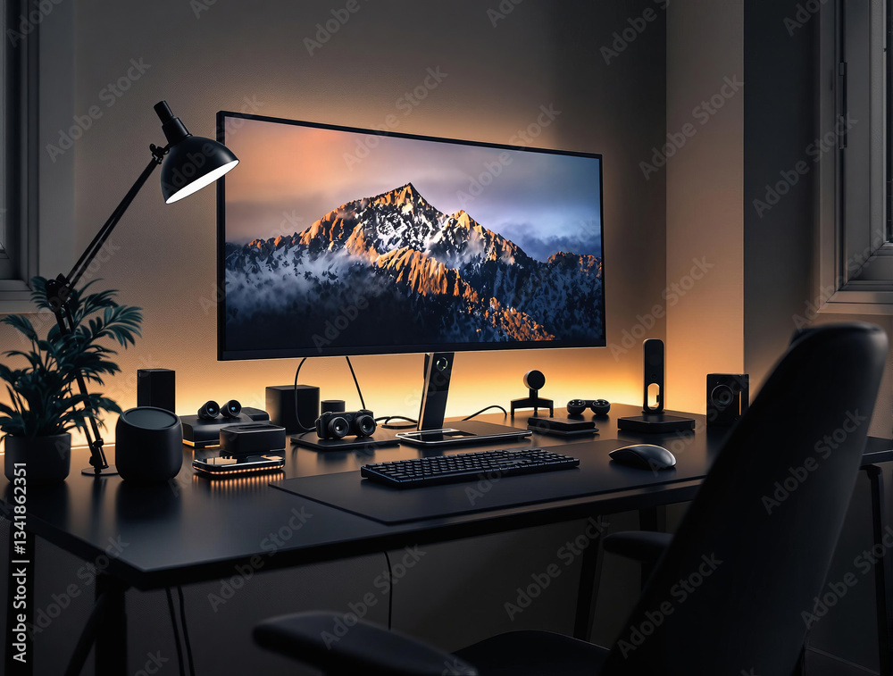Poster a modern home office setup with a large, flat-screen computer monitor displaying a serene mountain s