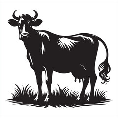 Fototapeta premium Black silhouette of a standing cow, on a clean white background