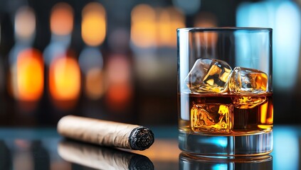 A close-up shot of a glass filled with whiskey and ice, alongside a cigar