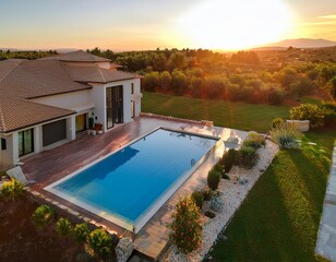 Aerial view of a luxury modern home with backyard swimming pool