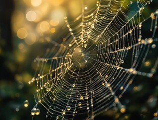 Naklejka premium A close-up of a delicate web illuminated by a soft, golden light, with water droplets glistening on its intricate strands. The background is blurred, emphasizing the web's intricate details and the de