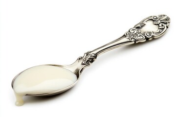 An ornate silver spoon overflowing with creamy, delicious condensed milk.