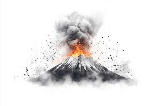 stunning watercolor depiction of volcano erupting, showcasing molten lava and ash clouds. vibrant colors and dynamic movement evoke sense of power and nature fury
