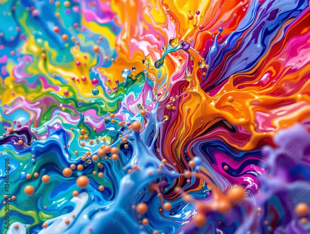 Aufkleber A vibrant and colorful abstract painting featuring swirling patterns of paint and droplets, creating a mesmerizing visual effect.
