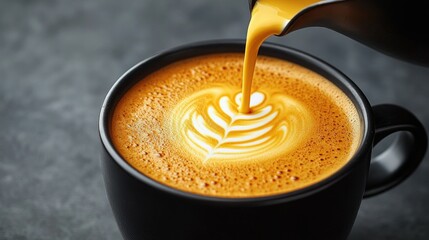 Turmeric latte art being poured into a cup.