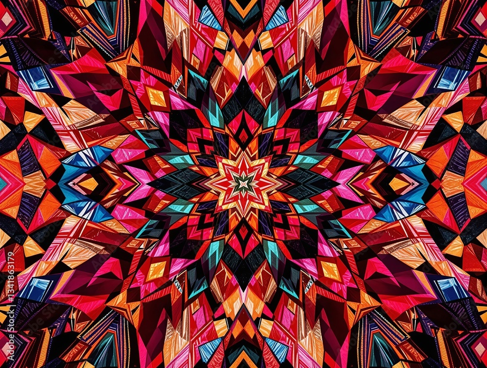 Aufkleber A vibrant, symmetrical kaleidoscope of colors, reminiscent of a mandala or a kaleidoscopic pattern. The intricate design is characterized by a myriad of shapes and patterns, each with its own unique c