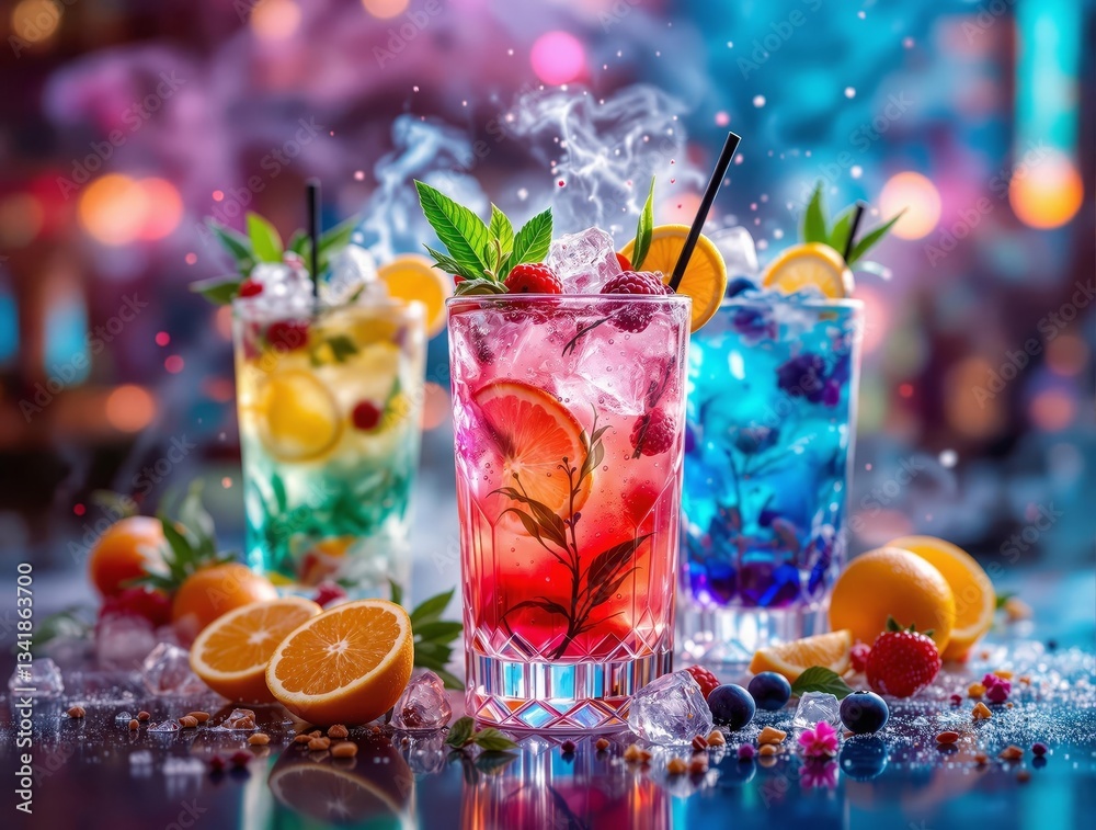 Poster a vibrant and festive scene featuring three glasses filled with colorful cocktails garnished with ci