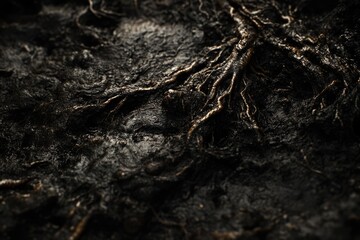 Close-up of dark, textured roots interwoven in soil, resembling ancient, mysterious formations.