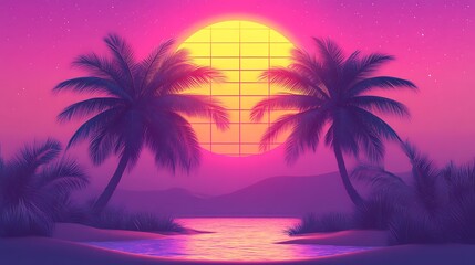 Obraz premium Stunning tropical sunset with vibrant colors and palm trees on serene beach