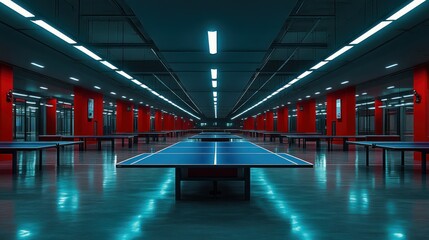 Fototapeta premium Empty indoor ping pong hall lit by vibrant neon lights