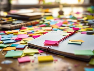A creative workspace with a variety of colorful sticky notes scattered across a wooden surface. The background is slightly blurred, emphasizing the notes and notebooks, and there's a watermark at the 
