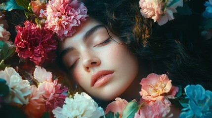 Close-Up Portrait of a Young Woman with Flowers in Her Hair and Surrounding Her Face