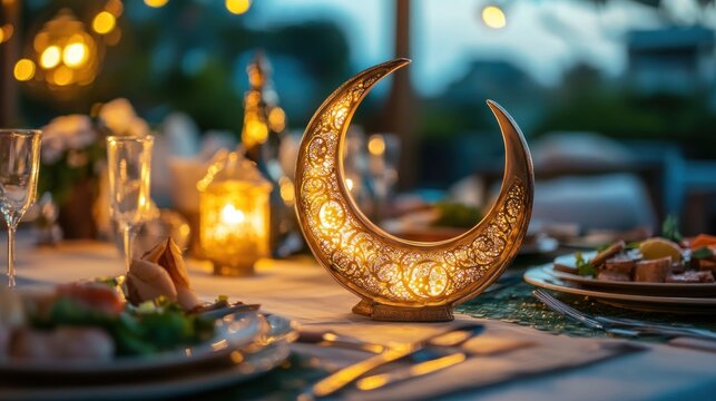 Elegant table setting with crescent moon centerpiece for festive occasion