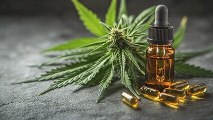 Cbd oil bottle with hemp leaves and capsules on dark stone surface 