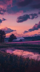 Obraz premium Tranquil countryside dusk with vibrant hues and a rustic farmhouse