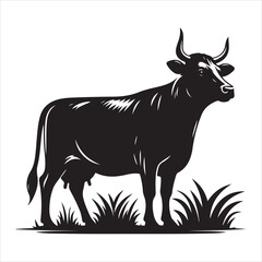 Black silhouette of a standing cow, on a clean white background