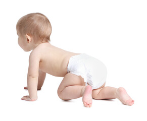 Cute little baby crawling on white background