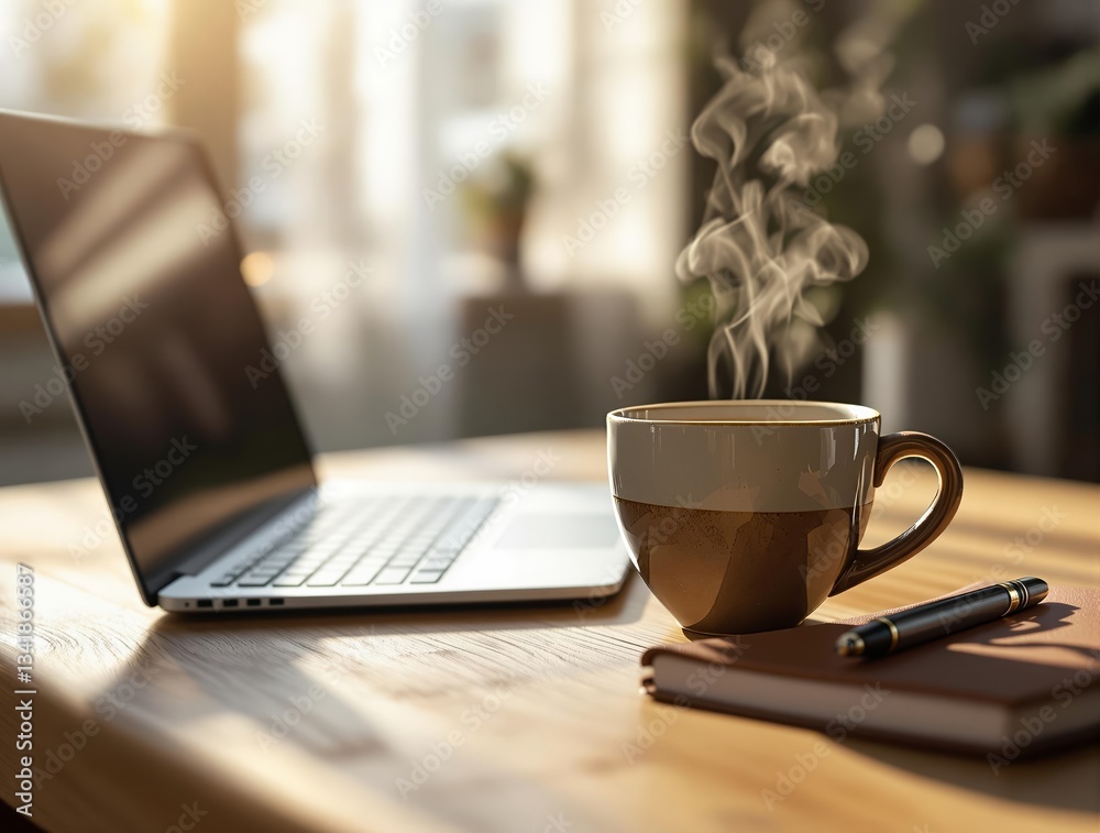 Poster a laptop computer sitting on top of a wooden table, accompanied by a cup of coffee and a pen beside 