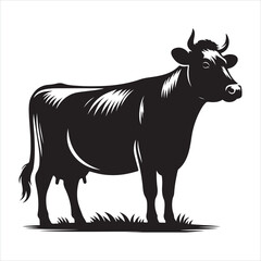 Fototapeta premium Black silhouette of a standing cow, on a clean white background