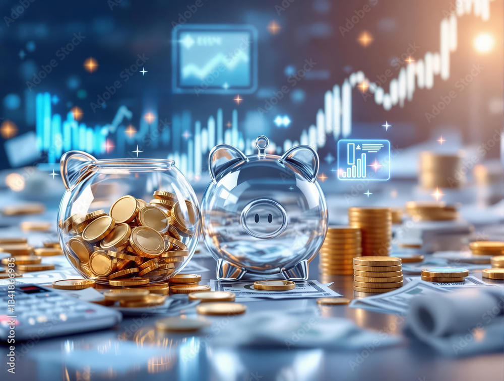 Poster a close-up shot of a table with a glass jar filled with gold coins, a piggy bank, and a calculator, 