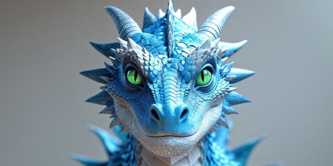 A dragon with a blue face and green eyes.
