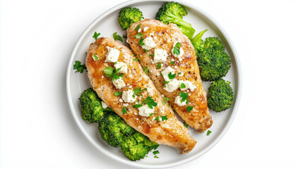 Delicious broccoli and feta stuffed chicken breasts on white plate with fresh parsley garnish