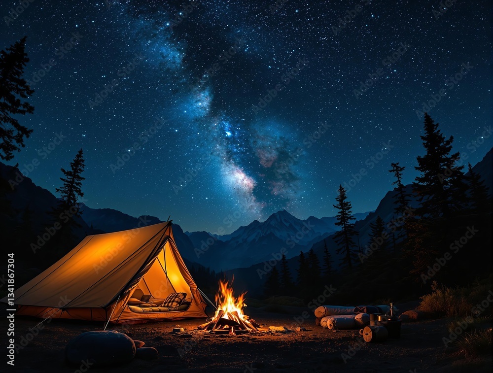 Poster a nighttime scene featuring a tent set up beside a campfire, surrounded by trees and with majestic m