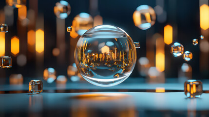 Abstract city reflected in a sphere, surrounded by floating crystals and lights.
