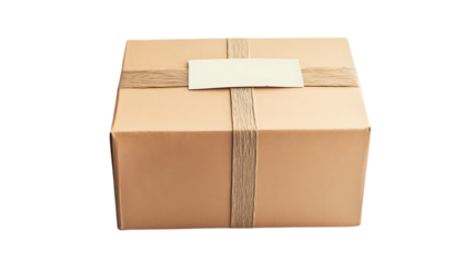 The image features a brown cardboard box tied with twine and topped with a blank label.