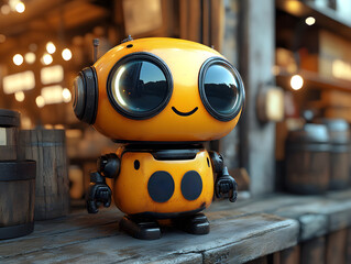 Fototapeta premium Small round yellow robot with large eyes and a gentle smile standing on a weathered wooden counter in a warm rustic setting.