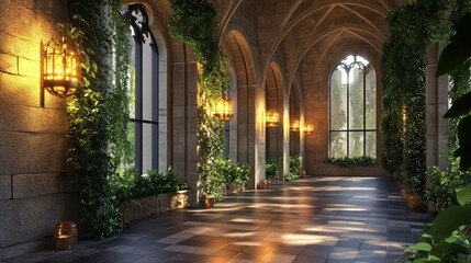 Fototapeta premium Enchanting Gothic Hallway with Lush Greenery and Warm Lighting