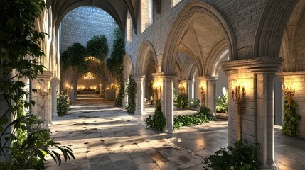Sunlit Medieval Cloister Tranquil Stone Archway and Lush Greenery