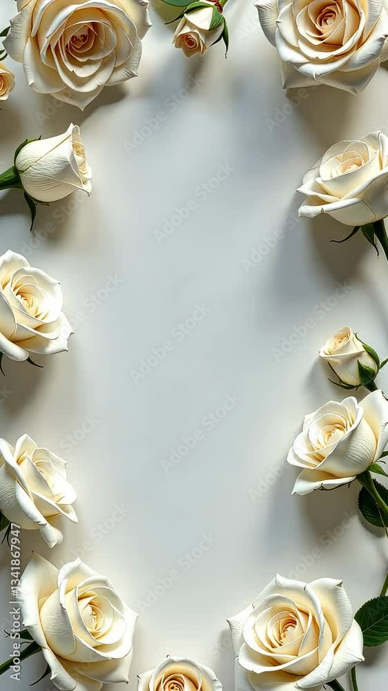 Poster a white rose bouquet with a white background. the roses are arranged in a circle. there are at least