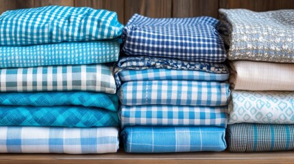 Folded Stacks of Blue and White Checked Fabric