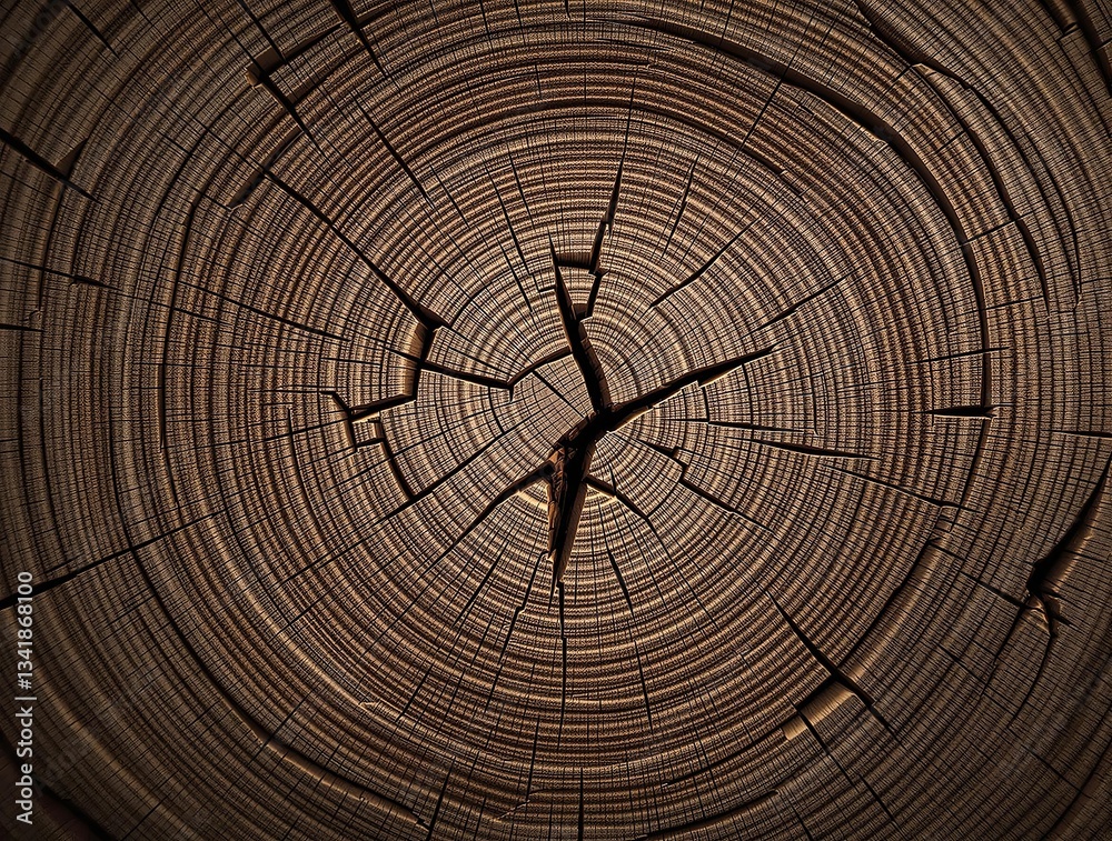 Poster A close-up view of a cross-section of a tree trunk, revealing the intricate rings of the tree's growth cycle. The texture of the wood is visible, with each ring representing a different year, from the