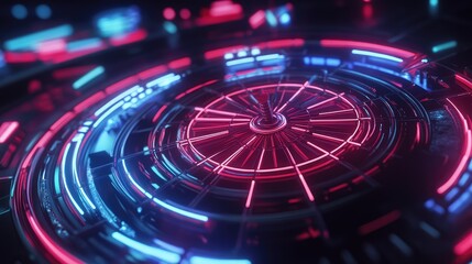 Futuristic digital interface with vibrant neon lights and circular patterns, showcasing technology in a sci-fi setting