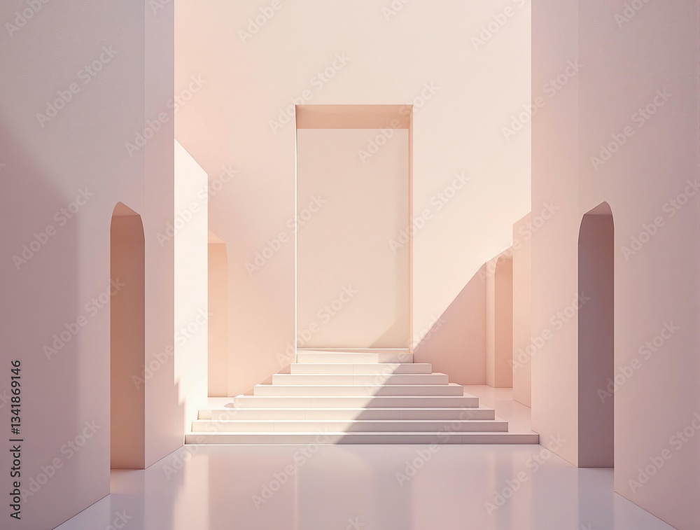 Poster a minimalist architectural scene featuring a series of white walls and a set of stairs leading upwar